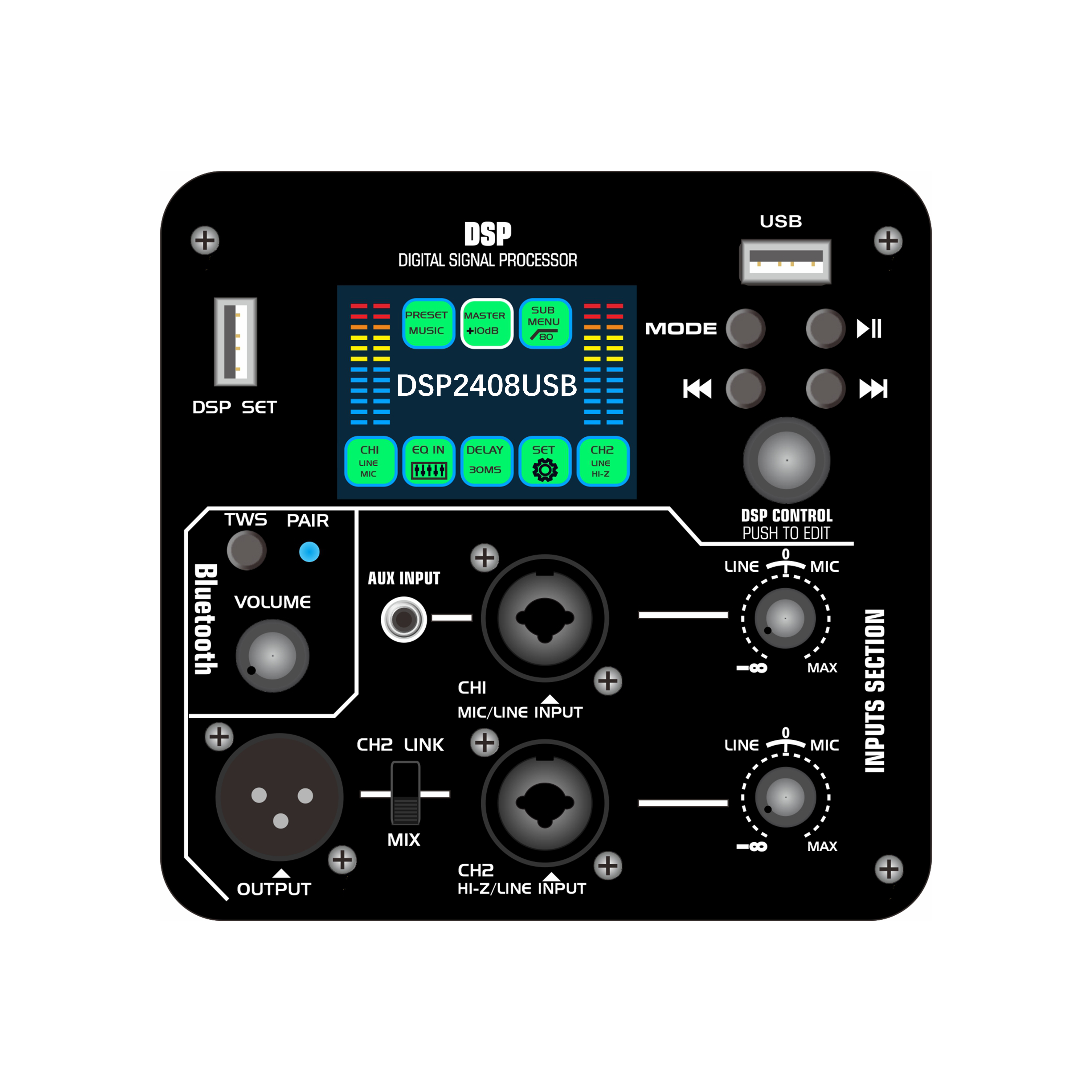 DSP2408USB DSP aktivno pojačalo snage s zaslonom u boji s funkcijom audio reprodukcije s USB flash pogona